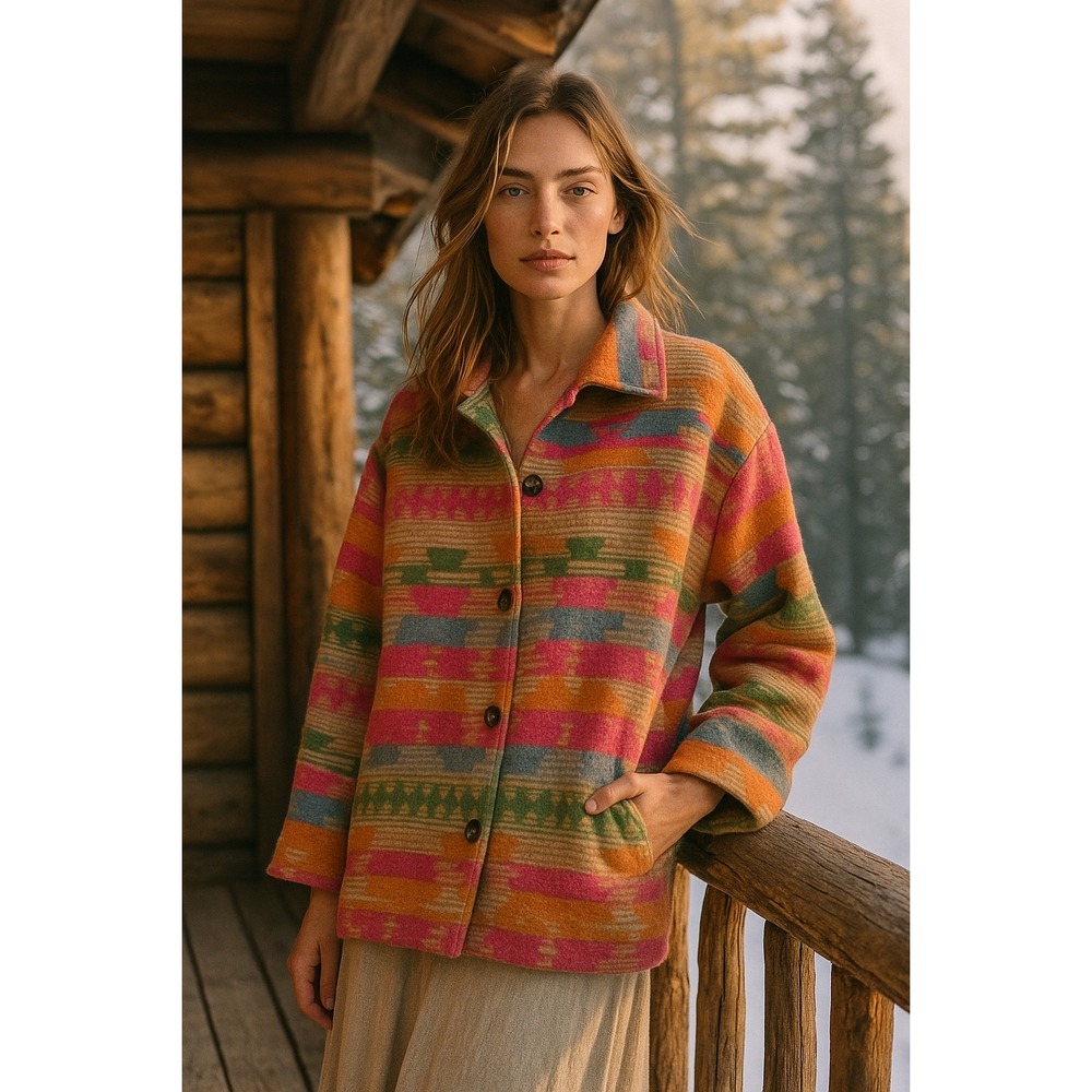 Boutique Lilypad Aztec Print Button Front Shacket Jacket Colorful Southwest Boho
